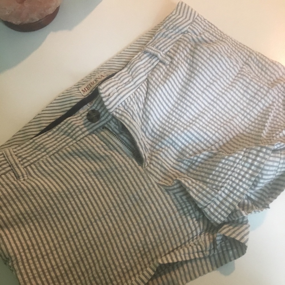 White and grey pinstripe chino shorts